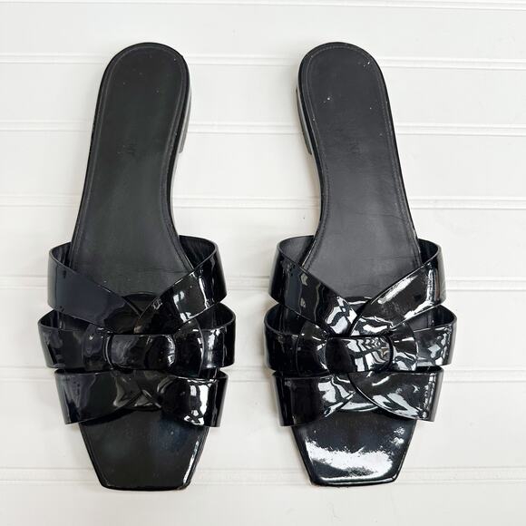 Saint Laurent Tribute Flat Sandals Black Patent Leather Woven Slide 39.5 - Picture 5 of 10